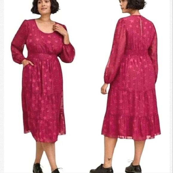Torrid Burgundy Stars Clip Dot Chiffon Tiered Midi Dress Size 10 NWT - Picture 11 of 17